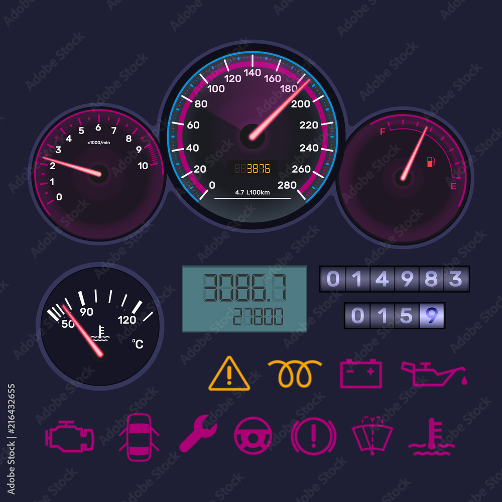 Panel, tachometer, speedometer, level gasoline, distance in kilometers, information icons.