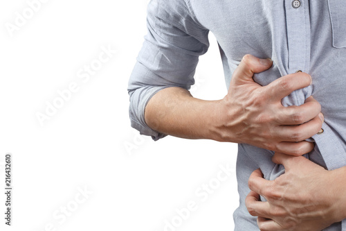 Man feeling terrible stomach ache, isolated on w