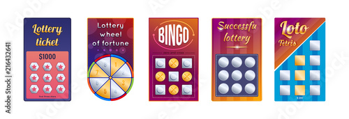 Set of lottery gambling tickets million, eight, bingo, tetris.