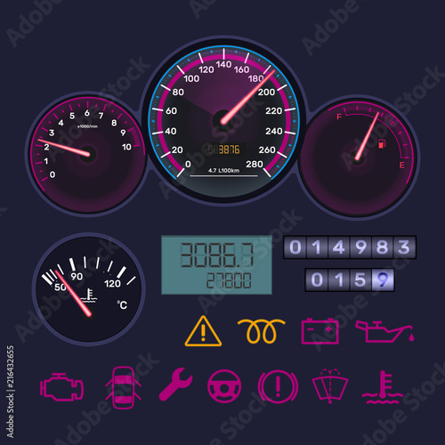Panel, tachometer, speedometer, level gasoline, distance in kilometers, information icons.