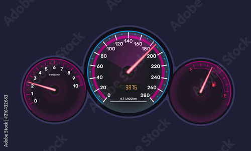 Instrument panel with tachometer, speedometer, scale of level gasoline, chrome-plated.