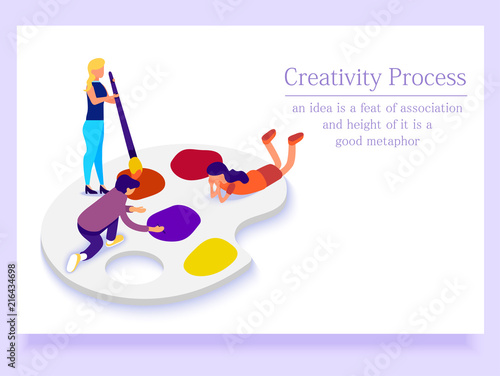 Landing page concept. People on palette communicating. Creative process. Open workspace and coworking. Isometric vector illustration.