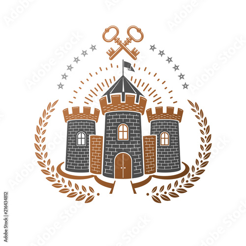 Ancient Fortress emblem. Heraldic Coat of Arms, vintage vector logo. Ornate logotype in old style on isolated white background.