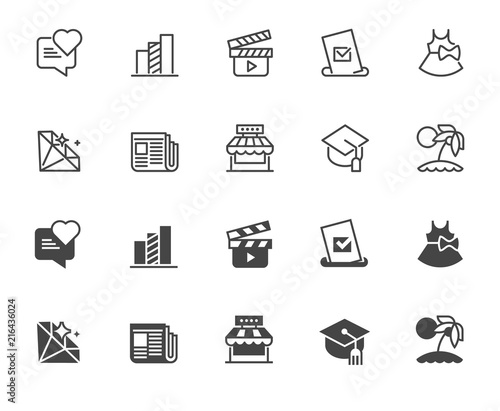 Set of icons in line and glyph designs. Movies, education, games, press, economy charts, business theme. Outline and black flat labels for infographics, buttons, interfaces. Vector isolated