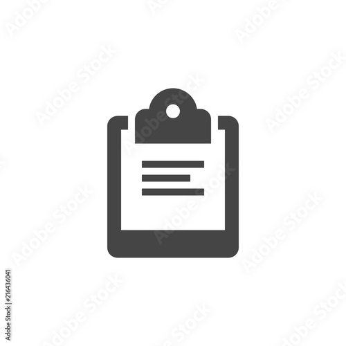 Clipboard glyph icon. Document for check-list, recipe, menu, business notes concept pictograph in black flat style. Chancery office graphic logo. Vector illustration isolated on white background