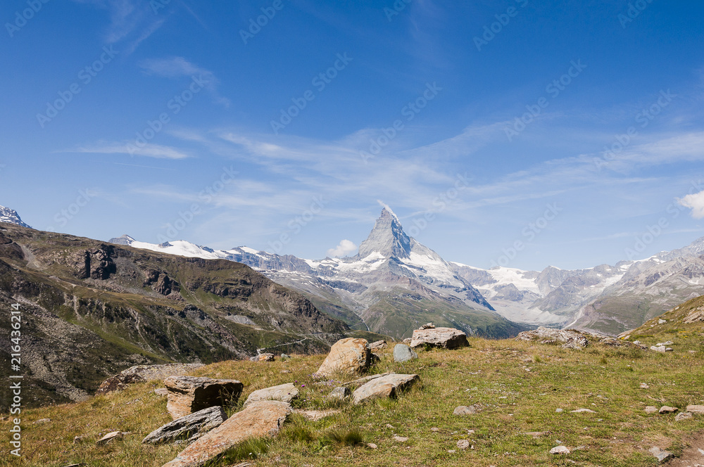 Zermatt, Wallis, Alpen, Blauherd, Matterhorn, Walliser Berge, Wanderweg, Sunnegga, Sommer, Stellisee, Bergwiese, Schweiz