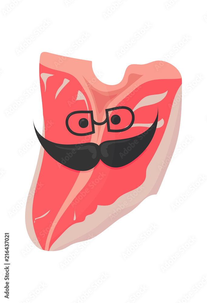 Vector illustration: t-bone beef raw steak with cute face isolated. Raw t-bone angus beef steak icon. Vector illustration: t-bone beef raw steak with cute face isolated. Raw t-bone angus beef steak icon.