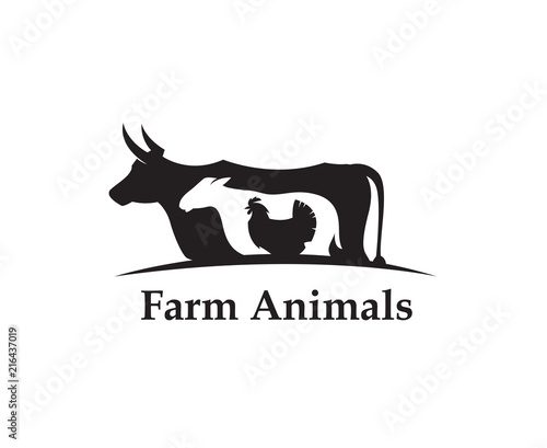 monochrome label of farm animals cow, chicken and sheep