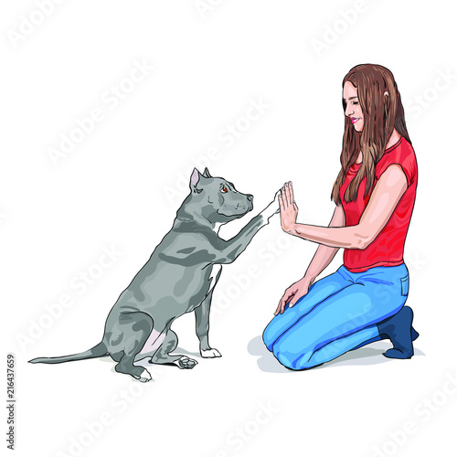 Dog and girl are giving a high five isolated on white background. Dog raised a paw like give me five gesture. Vector illustration.