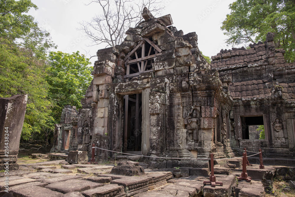 Ancient ruins of Banteay Kdei temple in Angkor Wat complex, Cambodia. Khmer heritage temple restoration with scaffolding Ancient ruins of Banteay Kdei temple in Angkor Wat complex, Cambodia. Khmer heritage temple restoration with scaffolding