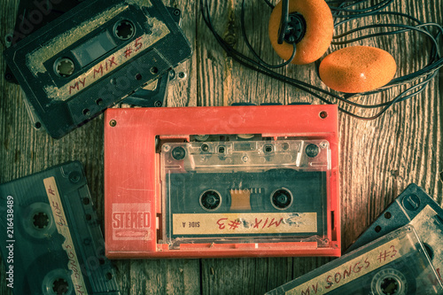 Retro audio cassette with walkman and headphones