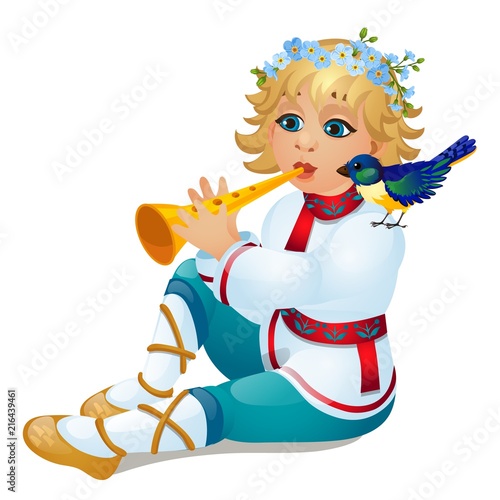 Boy in a traditional Russian costume playing the flute isolated on white background. Vector cartoon close-up illustration.