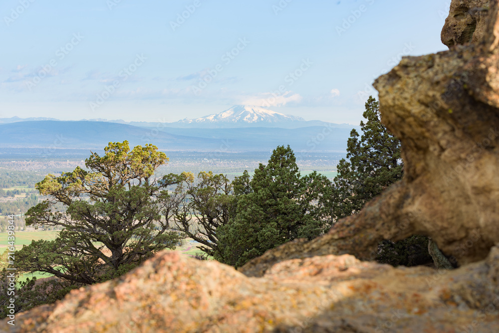 Mount Jefferson volcano seen from Smith Rock trail, with pine trees and rocks in Oregon, USA
