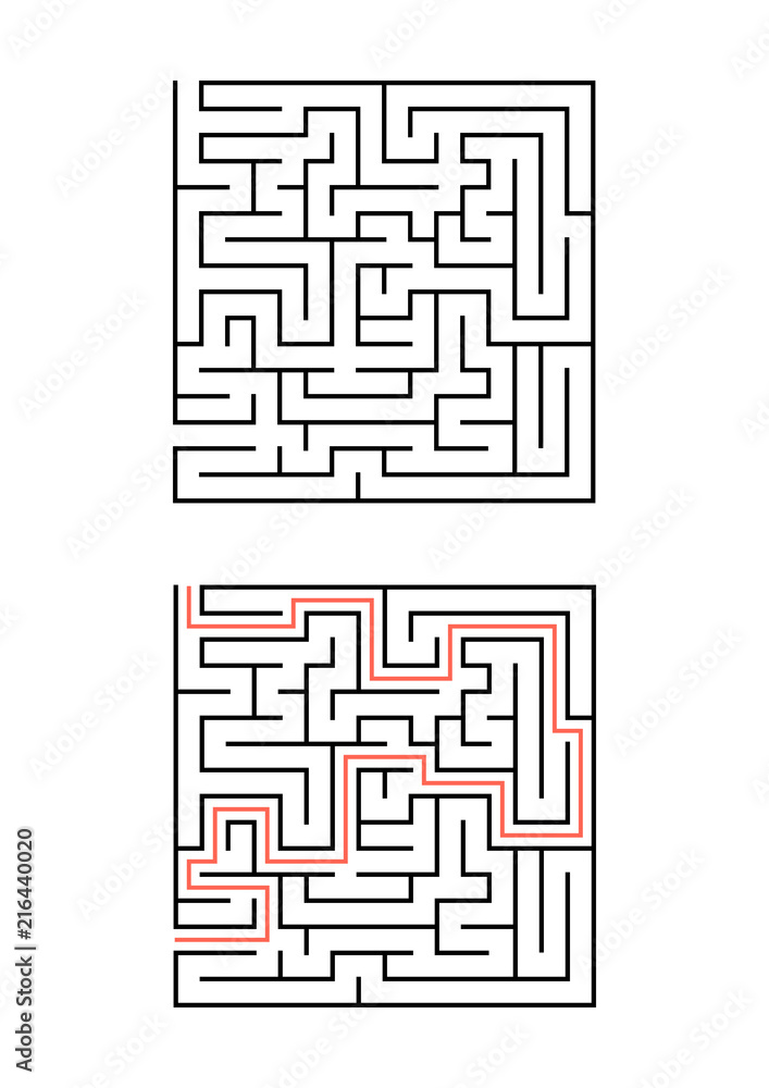 A square maze for children. Simple flat vector illustration isolated on white background. With the answer.