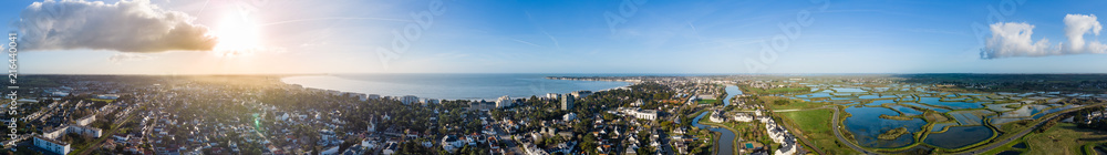 Drone panorama of La Baule Escoublac with seaside, beach and salt marshes. Drone panorama of La Baule Escoublac with seaside, beach and salt marshes.
