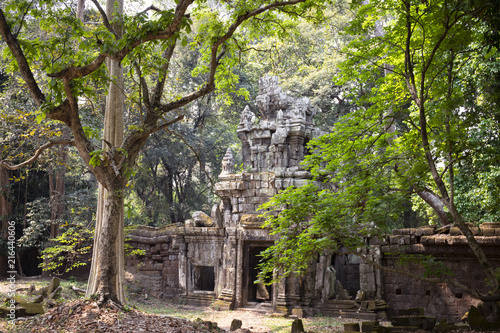 Ancient ruins of Angkor Thom temple in Angkor Wat complex, Cambodia. Angkor Thom wall and gate in forest.