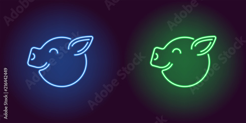 Neon piglet face in blue and green color