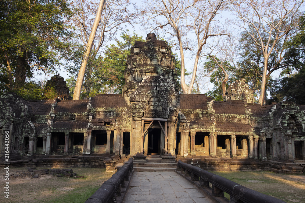 Obraz premium Ancient ruins of Ta Prohm temple in Angkor Wat complex, Cambodia. Decorated entrance with stone bas-relief.
