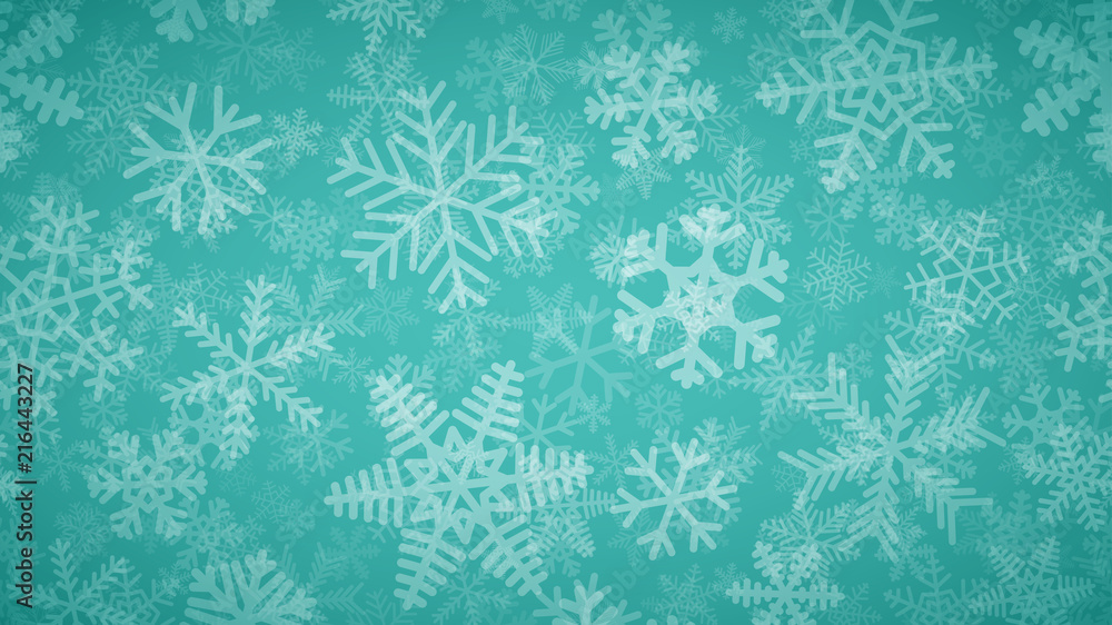 Christmas background of many layers of snowflakes of different shapes, sizes and transparency. White on turquoise.