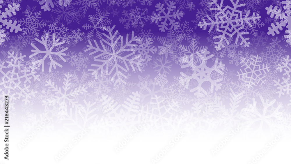 Christmas illustration of many layers of snowflakes of different shapes, sizes and transparency. On gradient background from purple to white.