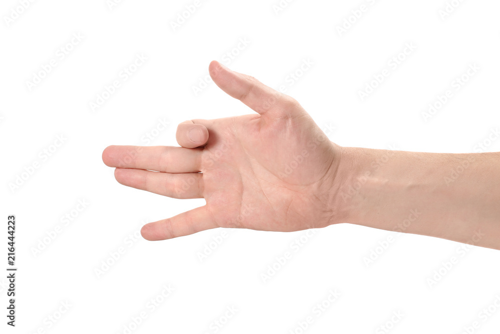 Male hand showing a dog sign, isolated on white background Male hand showing a dog sign, isolated on white background