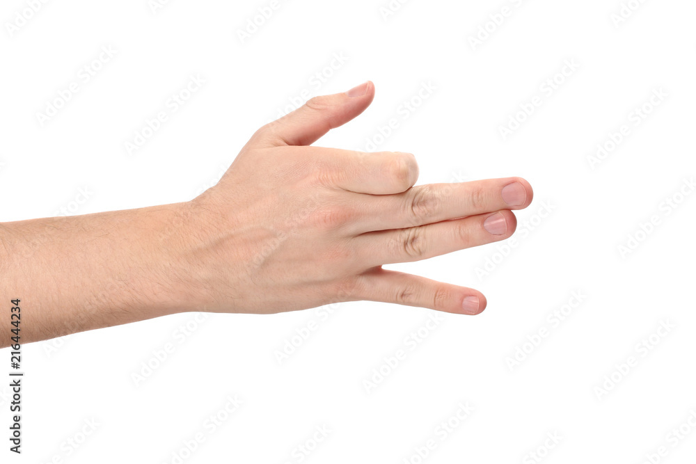 Male hand showing a dog sign, isolated on white background