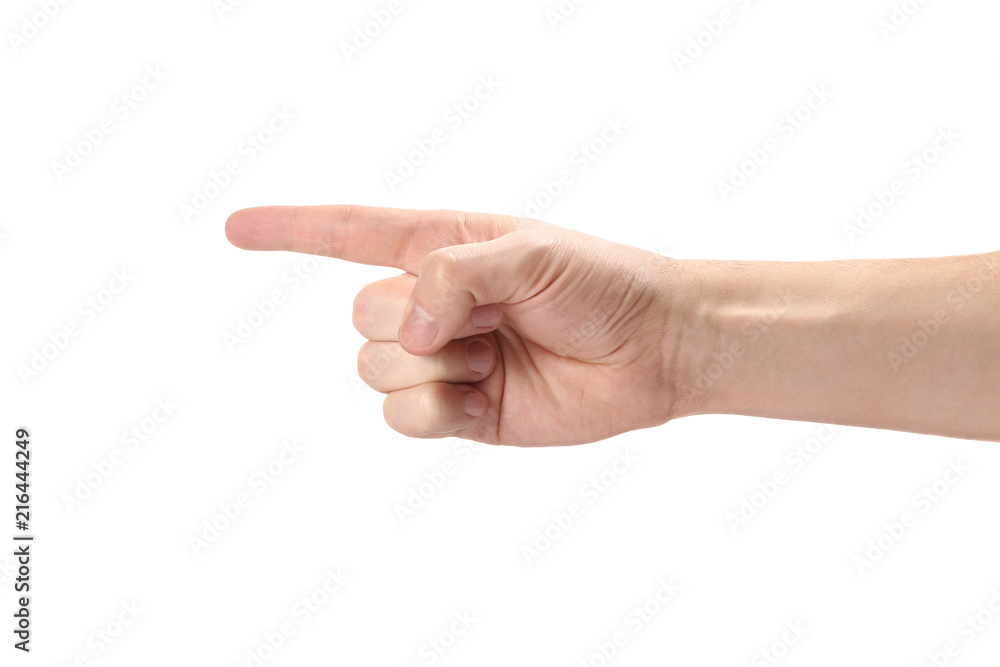 Male hand pointing at something, isolated on white background Male hand pointing at something, isolated on white background