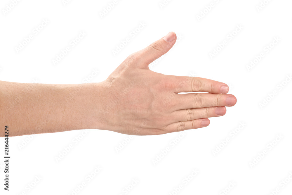 Hand in a welcoming gesture, isolated on white background