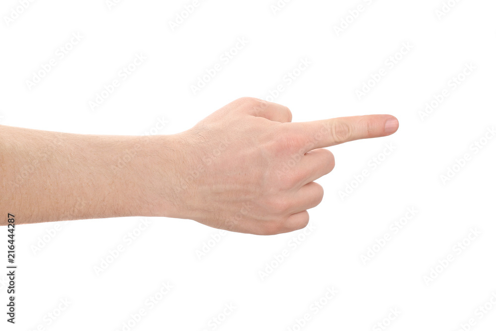 Male hand pointing at something, isolated on white background Male hand pointing at something, isolated on white background