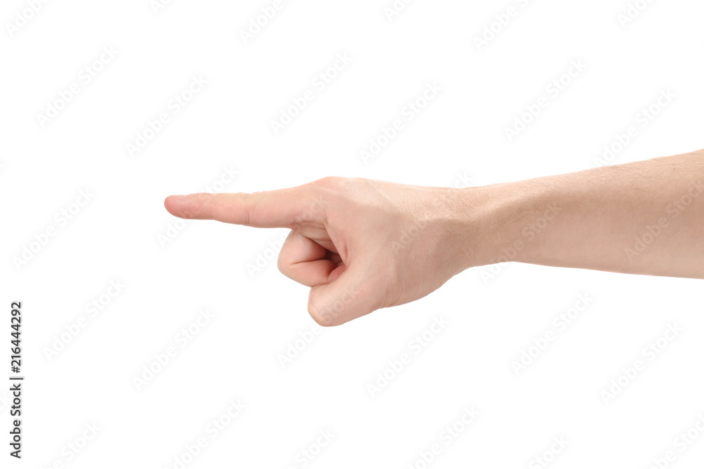 Male hand pointing at something, isolated on white background Male hand pointing at something, isolated on white background