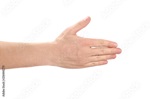 Hand in a welcoming gesture, isolated on white background