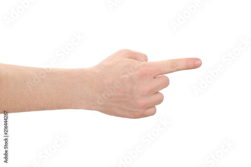 Male hand pointing at something, isolated on white background