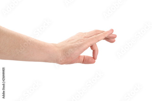 Male hand holding something, isolated on white background