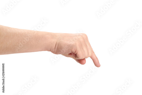 Pushing or pointing male hand, isolated on white background