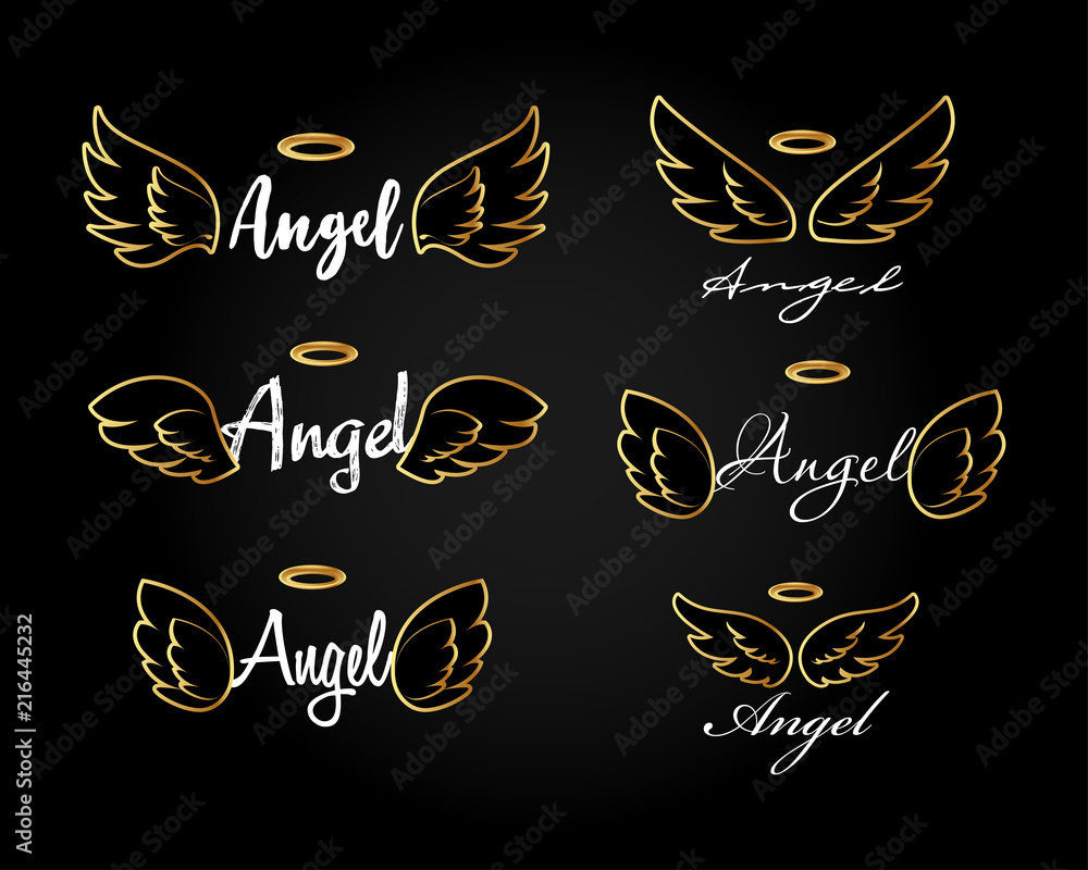 Golden Doodle flying angel wings with halo. Sketch angelic wings. Freedom  and religious tattoo vector design isolated on black background. Feather  wing flying, heavenly and angelic emblem illustration Stock Vector | Adobe