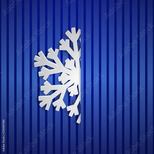 Christmas illustration with one white big snowflake which protrudes from the cut on a striped background in blue colors