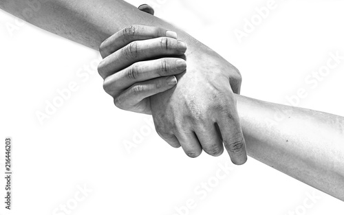 Black and white image of the hands of two people at the time of rescue 3d illustration