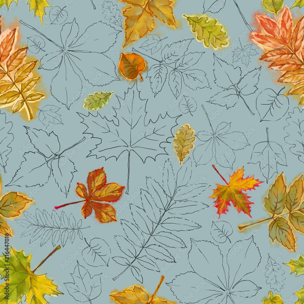 Autumn Leaves Seamless Pattern in Watercolor and Line on Blue Background. Artistic Seamless Botanical Pattern for Print, Background, Wrapping Paper, Wallpaper, and Interior and Fashion Design.