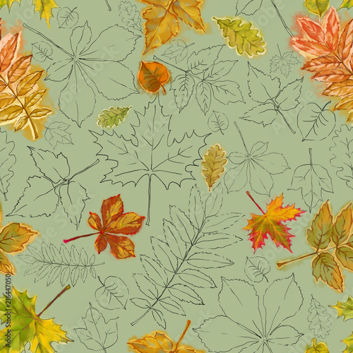 Autumn Leaves Seamless Pattern in Watercolor and Line on Green Background. Artistic Seamless Botanical Pattern for Print, Background, Wrapping Paper, Wallpaper, and Interior and Fashion Design.