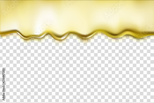 Gold liquid dripping alloy texture isolated on transparent background. Bright golden metallic oil, shiny fluid border. Vector illustration for your design.