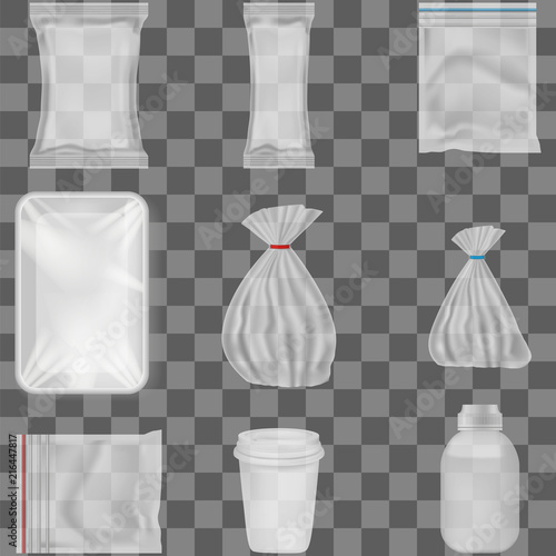 A set of realistic plastic packaging on a transparent background. Plastic bags, cups and jars