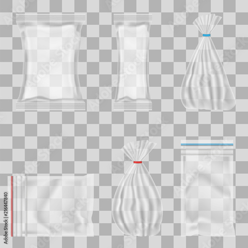 Vector image of a set of realistic polyethylene packages on a transparent background. 3d polyethylene package