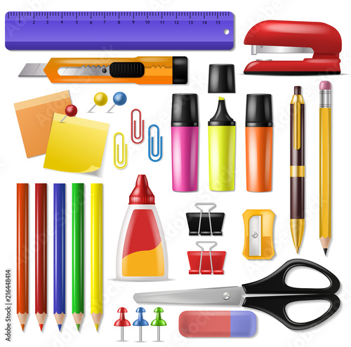 Office supply vector stationery school tools icons and accessories of education assortment pencil marker pen illustration set isolated on white background