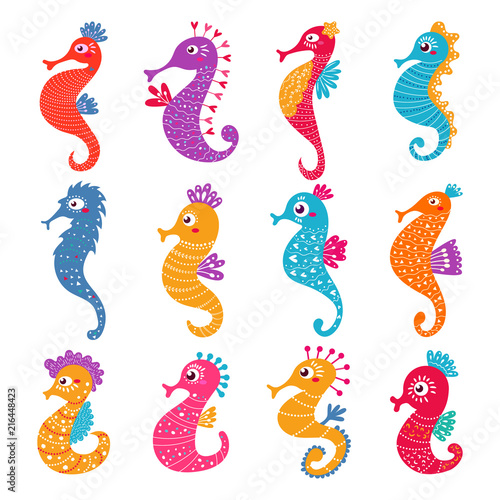 Seahorse vector seafish character or cartoon sea-horse undersea in tropical wildlife illustration set of exotic sea horse in aquarium or ocean isolated on white background