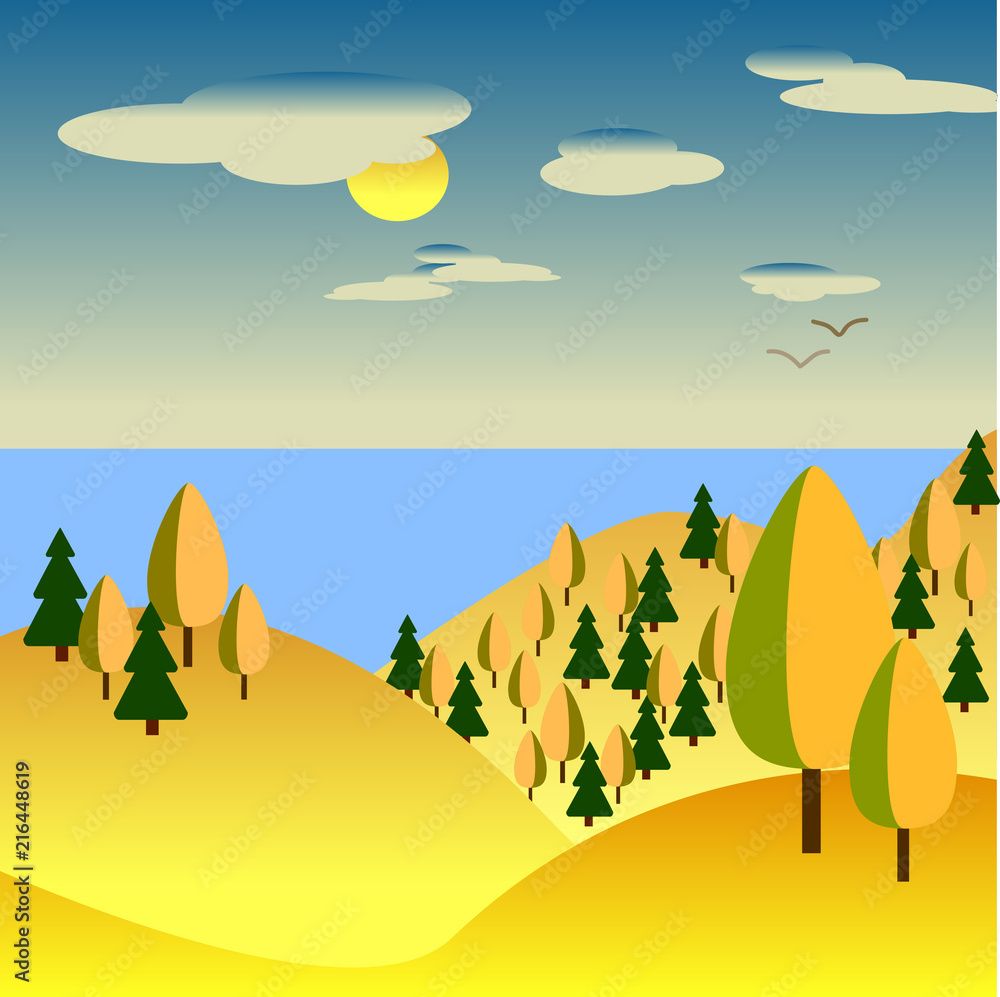 Autumn background. Yellow hills with trees. The sea in the background, the blue sky and clouds.