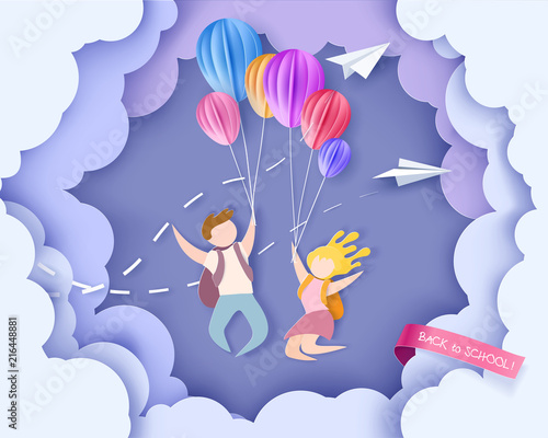 Back to school 1 september card. Children flying with air balloons. Paper cut style. Vector illustration