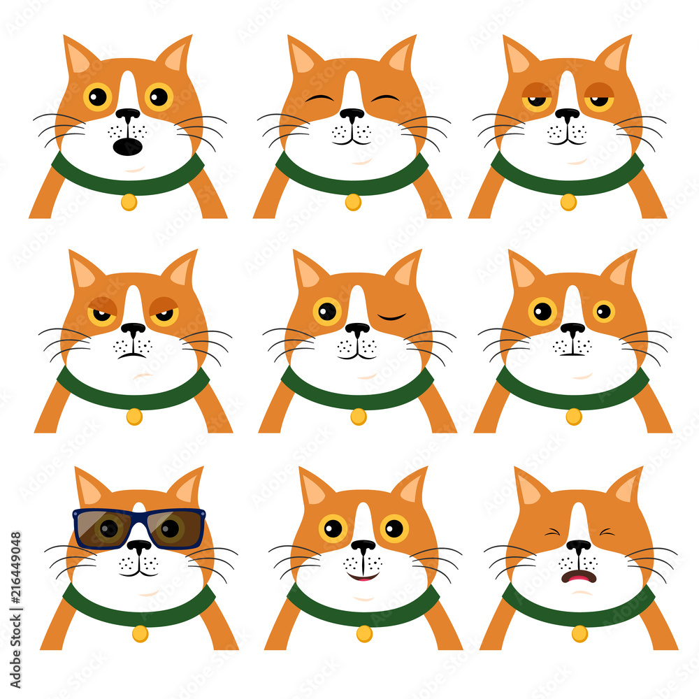 Set of different emotions cat. Portrait of animal in flat style, vector