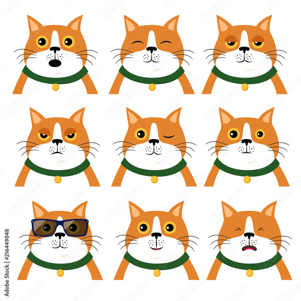 Set of different emotions cat. Portrait of animal in flat style, vector Set of different emotions cat. Portrait of animal in flat style, vector