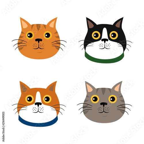 Set of cute cats icons, vector flat illustrations. Animals breeds, pattern, card, game graphics