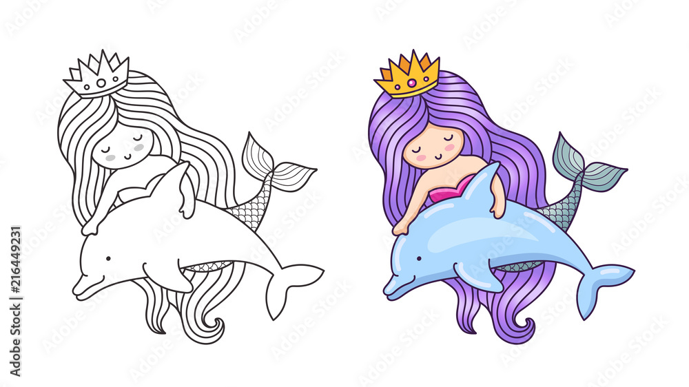 Mermaid, floating with dolphin. Friendship. Cute cartoon character ...
